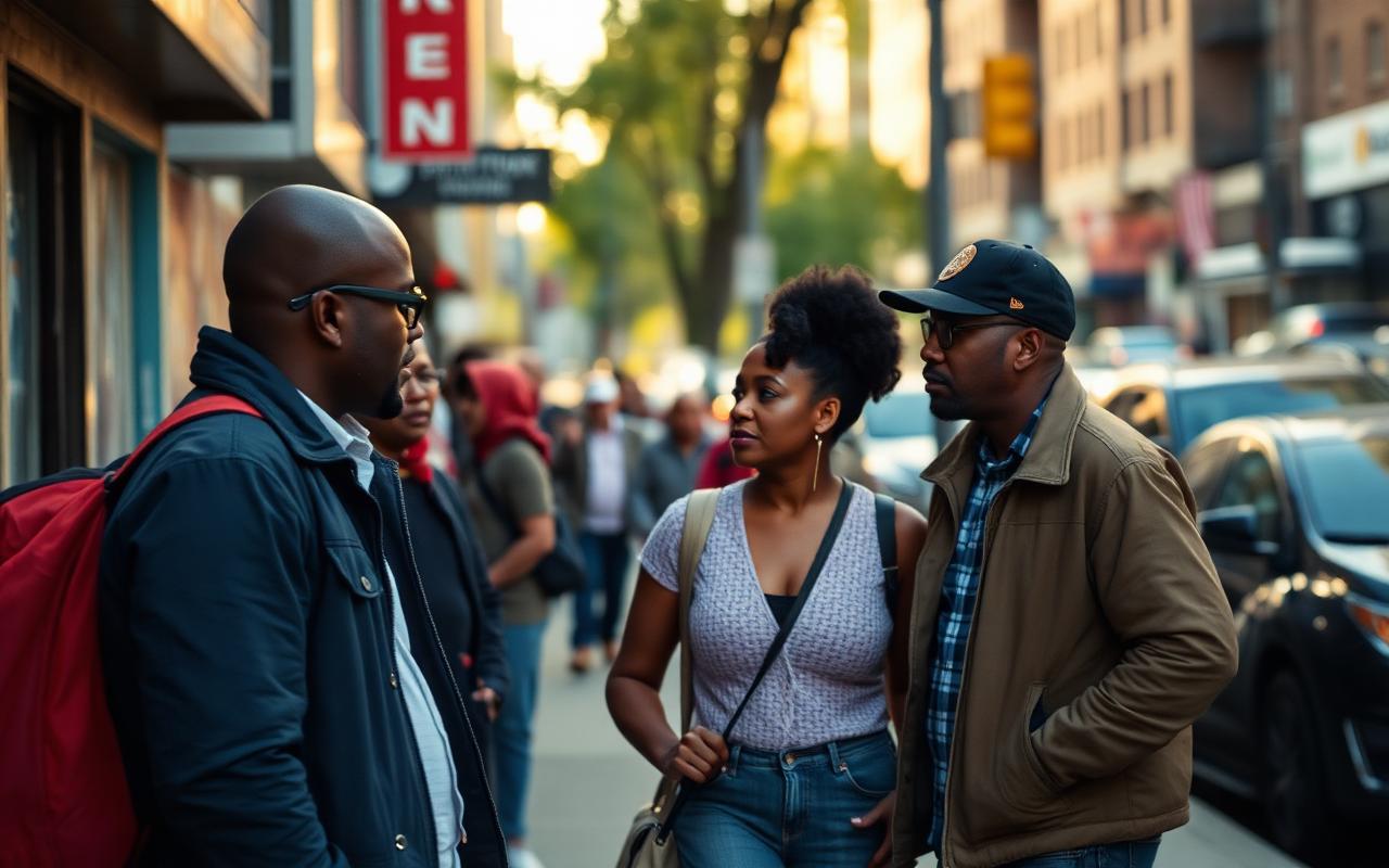 New Yorkers talking together on a busy sidewalk