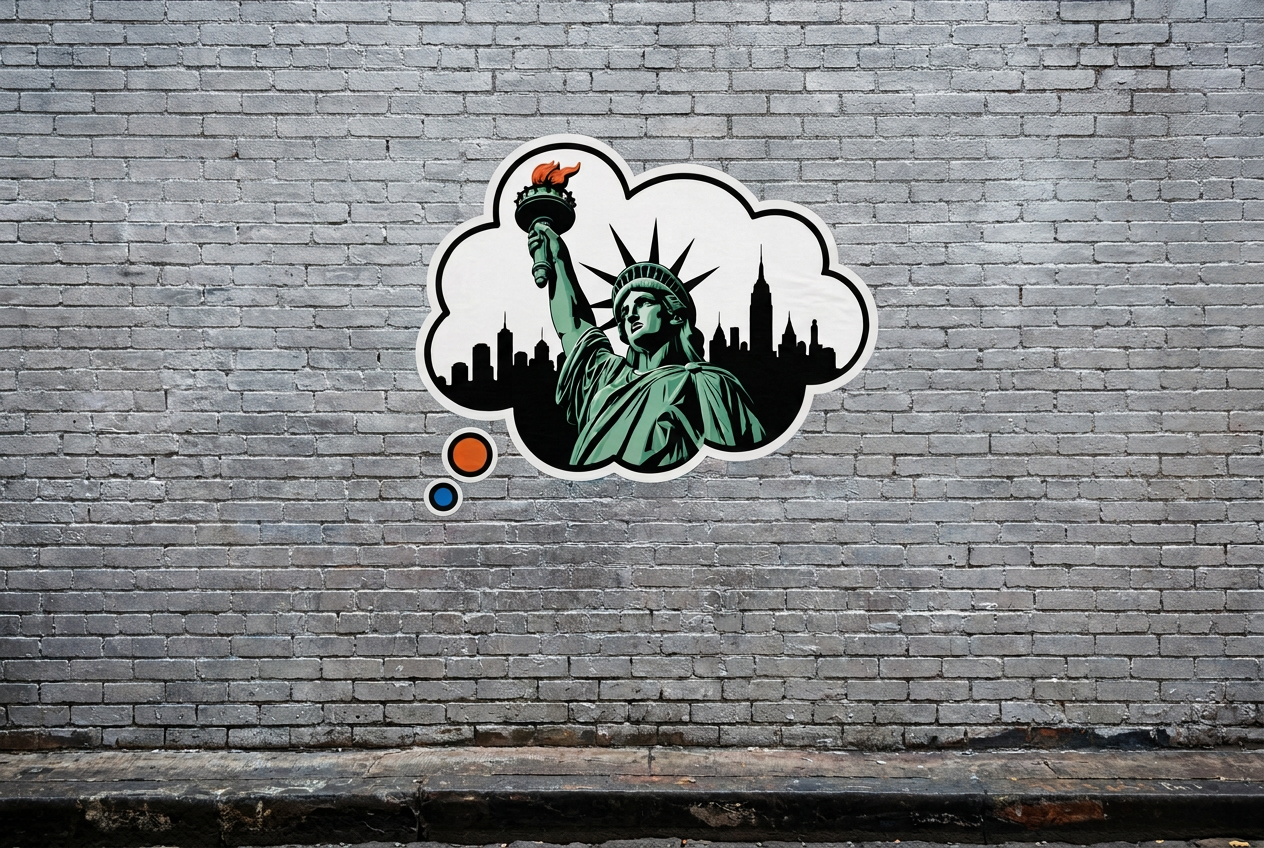 ATANY Statue of Liberty thought bubble on a clean New York brick wall