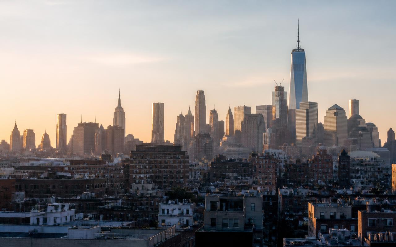 Neighbors gathered on a Brooklyn block at golden hour