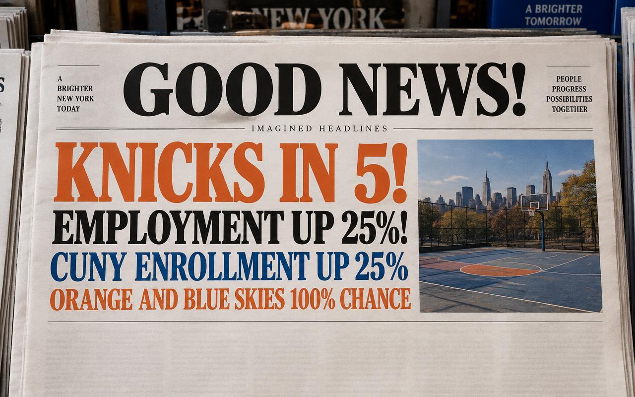 Concept newspaper with imagined headlines: GOOD NEWS! KNICKS IN 5! EMPLOYMENT UP 25%! CUNY ENROLLMENT UP 25%. ORANGE AND BLUE SKIES 100% CHANCE.