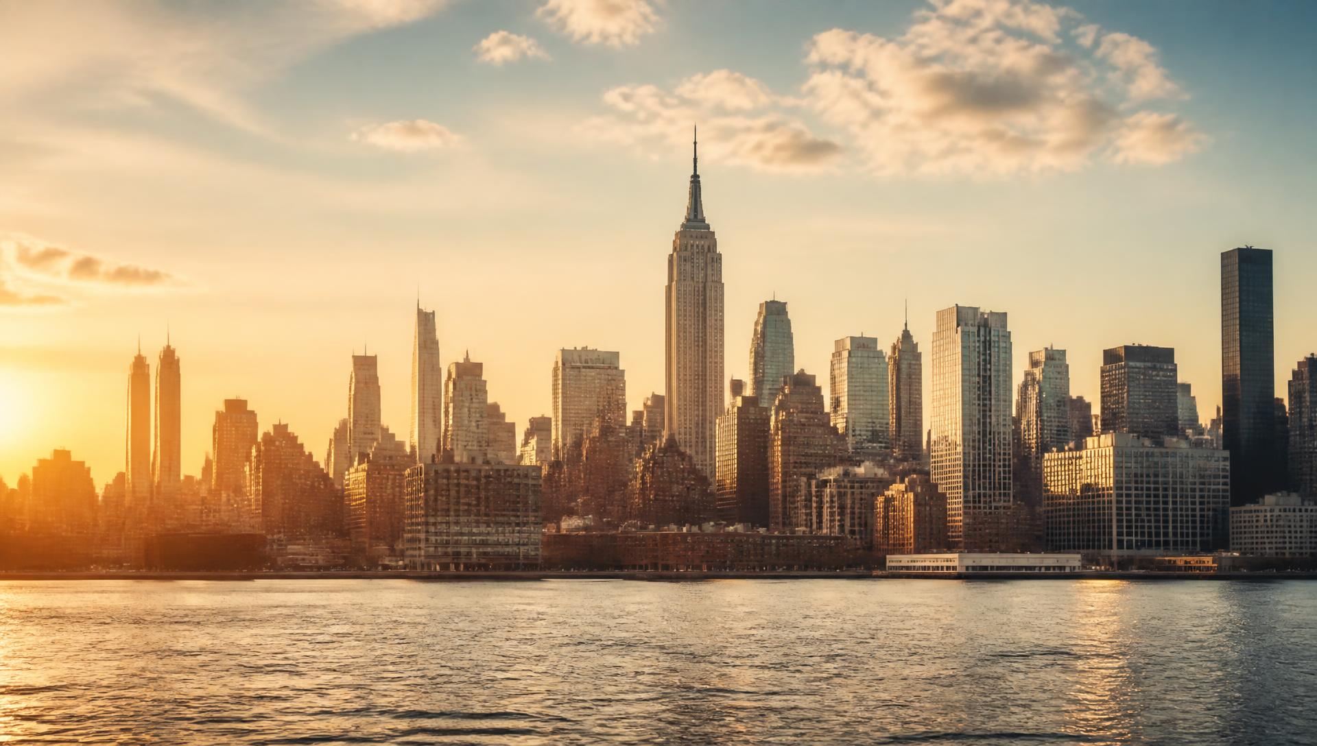 The Manhattan skyline at golden hour seen across the East River