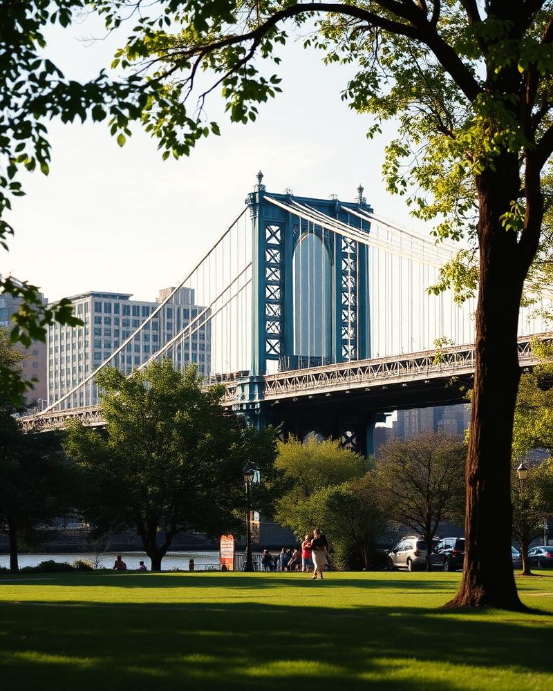 The Manhattan Bridge seen from a Brooklyn park