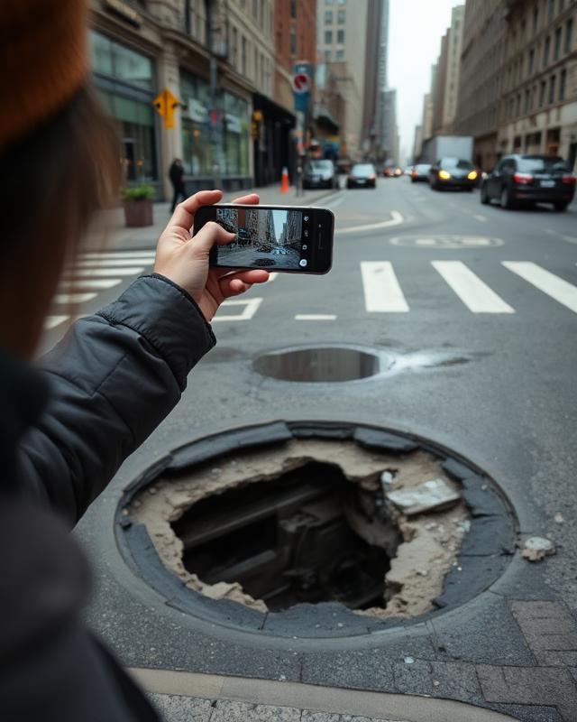 A resident photographing a pothole on a city street
